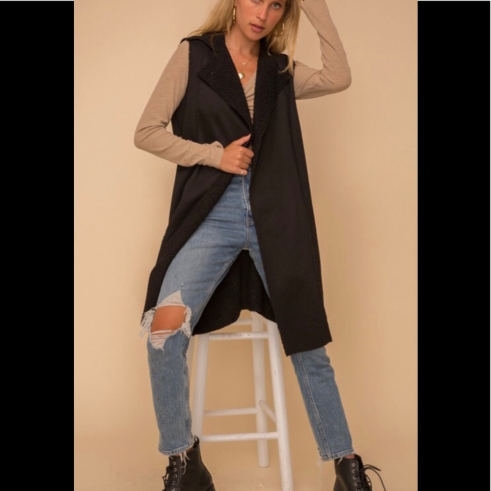 Faux fur lined suede midi vest in black